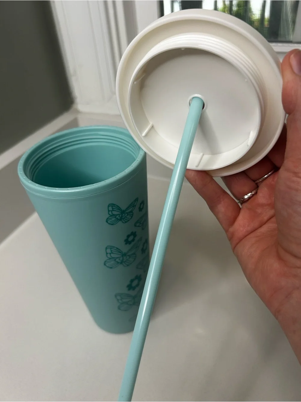 NEW Dolly Parton Aqua Butterfly Flower Reusable Straw Tumbler 8” tall